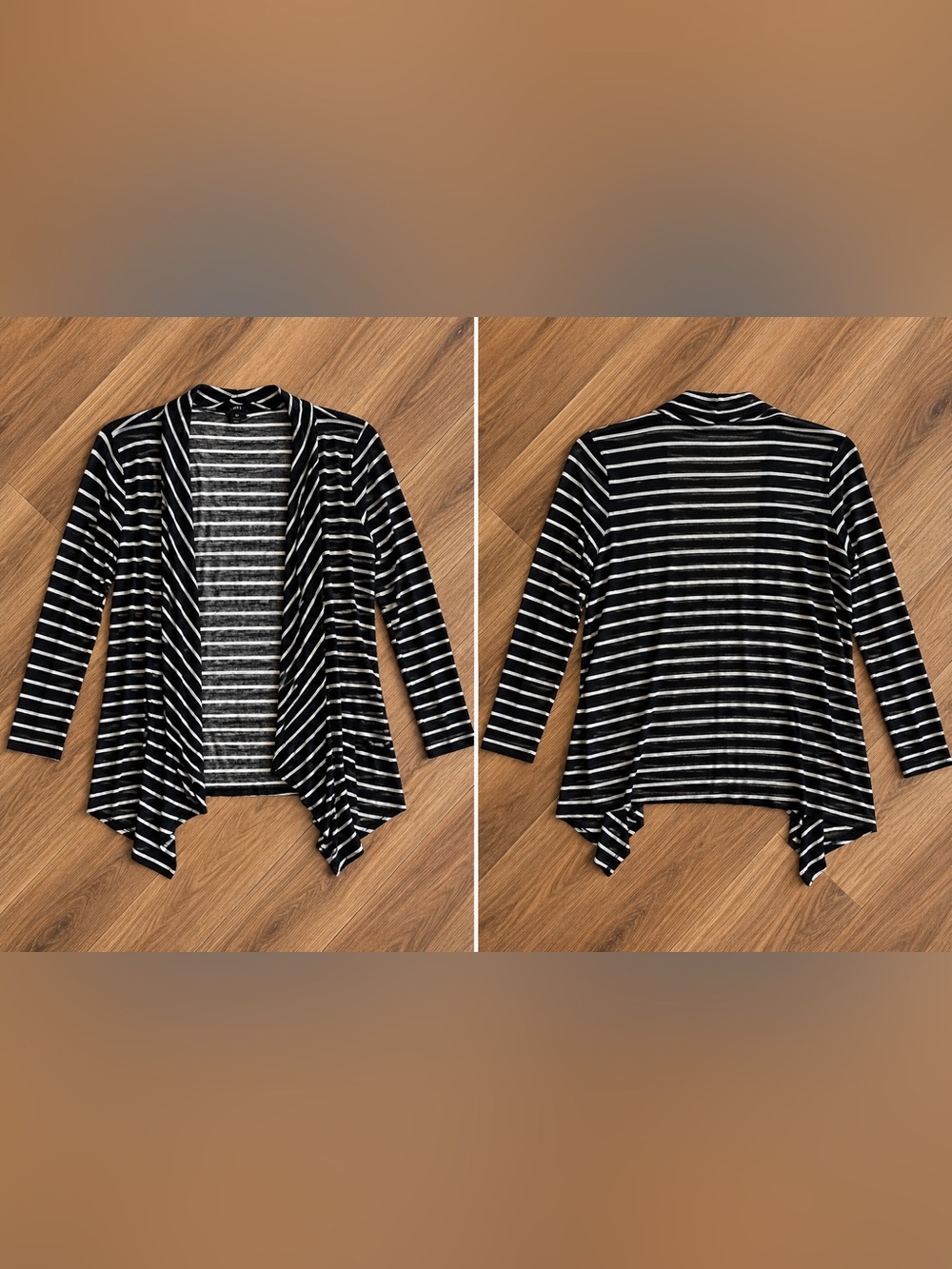 AB Studio Black and White Striped Open-Front Wrap Cardigan